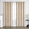Two beige curtains with a white abstract pattern hang in front of a window, flanking the window. A white fireplace mantel is visible to the left, and a small table with flowers is to the right. Produktbild-Vorschau