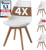 Collage of white dining chairs with wooden legs, featuring product information and certifications. Produktbild-Vorschau