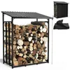 A metal firewood rack filled with logs, with a protective cover shown separately. Produktbild-Vorschau