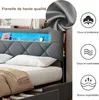 A close-up view of a bed with a grey upholstered headboard featuring LED lighting and storage compartments, alongside marketing icons and text. Podgląd zdjęcia produktu