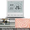 A collage showing a smart thermostat and two types of floor heating systems. Produktbild-Vorschau