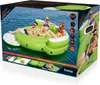 The image shows the product packaging for an inflatable island, with people relaxing on it in a body of water. Voir les images du produit