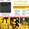 A collage of images showing a solar-powered light string with crystal ball LEDs, a close-up of the control box, and a decorative arrangement of the lights in a glass vase. Produktbild-Vorschau