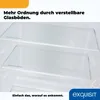 Close-up view of adjustable glass shelves inside a refrigerator, with marketing text overlay. Produktbild-Vorschau