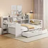 A white wooden daybed with integrated shelving and drawers, set up in a room with light beige walls and curtains. Podgląd zdjęcia produktu