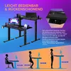 A collage showing an adjustable desk, its control panel, and ergonomic diagrams of sitting and standing postures at desks. Anteprima dell’immagine prodotto