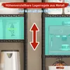 A close-up view of a metal shelving unit with various items on the shelves, including bags of product and a coffee maker. An arrow graphic indicates adjustability. Produktbild-Vorschau