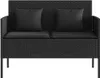 A black rattan garden bench with black cushions and pillows, shown from the front on a white background. Náhled obrázku produktu