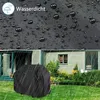 A grill cover is shown in a garden during a rain shower, with a close-up of the waterproof fabric at the top. Produktbild-Vorschau