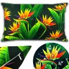 A collage of images showing a pillow with a Strelitzia (Bird of Paradise) flower pattern, a close-up of the zipper, and a circular detail of the pattern with water droplets. Produktbild-Vorschau