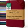 A stack of folded bed sheets in various colors is shown next to a single red bed sheet with a product label. Produktbild-Vorschau