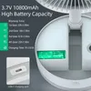 Close-up view of a white portable fan, highlighting its battery capacity and charging port, with text overlays detailing specifications. Podgląd zdjęcia produktu