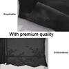 A collage of close-up images showcasing the features of a black lace curtain, with text highlighting its quality and design. Produktbild-Vorschau