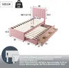 A diagram showing the dimensions and features of a pink upholstered bed with a pull-out trundle and drawers. Podgląd zdjęcia produktu