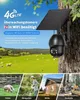 A solar-powered 4G LTE surveillance camera mounted on a tree, with a scenic background of sheep in a field and smaller inset images showing different use cases. Náhled obrázku produktu