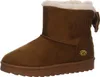 A single brown winter boot with white fur lining and a bow on the back, isolated on a white background. Produktbild-Vorschau