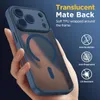A hand holding a blue iPhone case with translucent back and magnetic ring. Produktbild-Vorschau