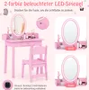 A pink children's vanity set with a mirror and chair, shown with different lighting options. Náhľad obrázku produktu
