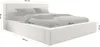 A white upholstered bed with a headboard, shown with bedding. Dimensions are overlaid on the image. Produktbild-Vorschau