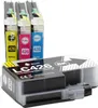 A set of printer ink cartridges, with one black cartridge in the foreground and three colored cartridges (yellow, magenta, cyan) in the background. Produktbild-Vorschau