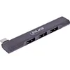 A dark gray USB-C hub with multiple USB ports and a USB-C connector is shown against a white background. Produktbild-Vorschau