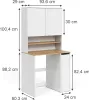 A white and wood-colored desk with a hutch, shown with dimensions indicated by measurement lines and text. Produktbild-Vorschau