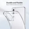 A clear phone case is shown being flexed to demonstrate its durability and flexibility, with text overlay highlighting these features. Produktbild-Vorschau