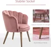 A pink velvet chair with wooden legs, shown from multiple angles and with text descriptions. Náhľad obrázku produktu