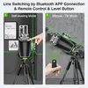 A split image showing a laser level in two different modes: self-leveling and manual/tilt. The left side shows the laser level in self-leveling mode with a hand interacting with it. The right side shows the laser level in manual/tilt mode, mounted on a tri Anteprima dell’immagine prodotto