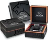 A product packaging set for a Jaguar watch, including an open watch box and two closed boxes. Produktbild-Vorschau