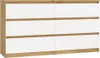A front view of a white and wood-grain dresser with six drawers. Podgląd zdjęcia produktu