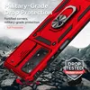 A red phone case with a ring holder and camera protection is shown in a dramatic, rocky outdoor setting. Produktbild-Vorschau