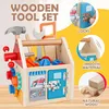 A wooden tool set for children, displayed with feature callouts. Produktbild-Vorschau