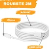 A white USB-C to Lightning cable is coiled on a white background, with marketing text overlays indicating its features. Produktbild-Vorschau