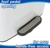 Close-up of a foot pedal on a white trash can, with marketing text overlay. Produktbild-Vorschau