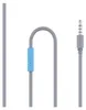 A close-up of a gray audio cable with a blue inline control module and a gray audio jack. Produktbild-Vorschau