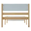 A back view of a wooden bed frame with a white headboard. Produktbild-Vorschau