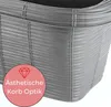 Close-up of a gray planter box with a woven rattan-like texture, featuring a pink circular overlay with a diamond icon and German text. Produktbild-Vorschau