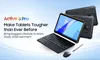 A rugged tablet with a keyboard and stylus, presented with marketing text. Produktbild-Vorschau