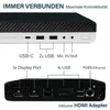 Close-up view of the front and back ports of a mini PC, with labels indicating the different connection types. Produktbild-Vorschau