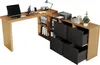 A modern L-shaped desk with integrated shelving and drawers, set against a white background. Podgląd zdjęcia produktu