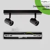 A black ceiling lamp with two adjustable spotlights is shown, along with its mounting hardware and wiring. Produktbild-Vorschau