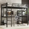 A loft bed with a desk and shelves, set up in a room. Podgląd zdjęcia produktu