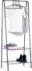 A black metal garment rack with two shelves, displaying clothing and shoes. Produktbild-Vorschau