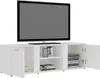 A white TV stand with a television on top. The stand has doors and shelves. Voir les images du produit