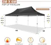 A diagram of a black pop-up pavilion with dimensions and feature icons. Podgląd zdjęcia produktu