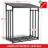 A black metal firewood rack with a roof, shown in isolation against a white background with dimensions indicated. Produktbild-Vorschau