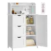 A white bathroom cabinet with drawers and a door, displaying various bathroom items. Produktbild-Vorschau