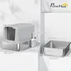 A product shot of a cat litter box and a separate stainless steel tray, with dimensions indicated by text overlays. Produktbild-Vorschau