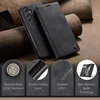A black leather phone case is displayed on a textured brown background, with close-up insets highlighting its features. Produktbild-Vorschau